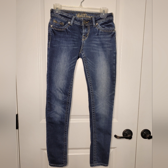 WallFlower Jeans Skinny Slim Low Rise Rhinestones Blue Denim Womens Size 3 - Picture 1 of 8